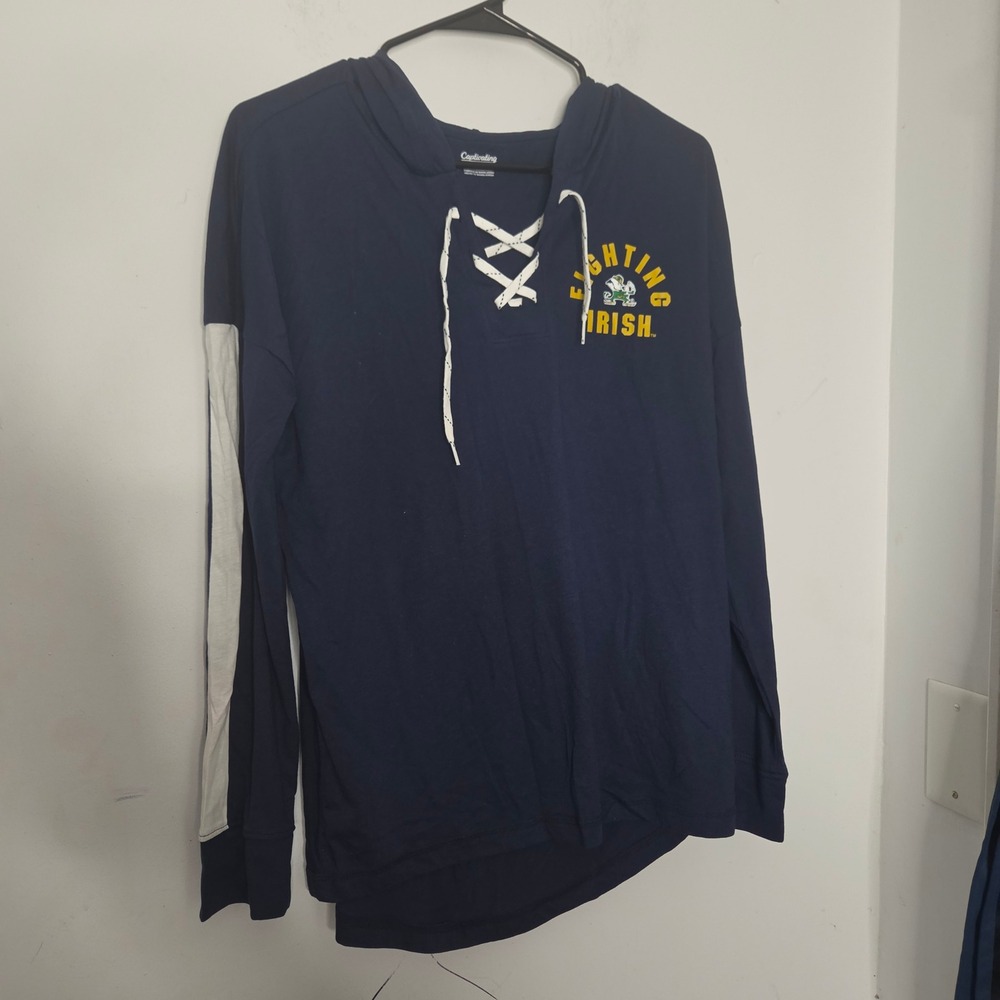 Captivating Notre Dame Fighting Irish Lace Up Hoodie Navy Blue Shirt Women Small